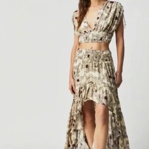 Free People Morning Sun Set Two Piece Matching Skirt Crop Top Cream Floral XS